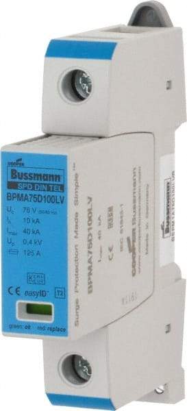 Cooper Bussmann - 1 Pole, 1 Phase, 10 kA Nominal Current, 90mm Long x 18mm Wide x 65mm Deep, Thermoplastic Hardwired Surge Protector - DIN Rail Mount, 100 VDC, 75 VAC, 100 VDC, 75 VAC Operating Voltage, 40 kA Surge Protection - Makers Industrial Supply