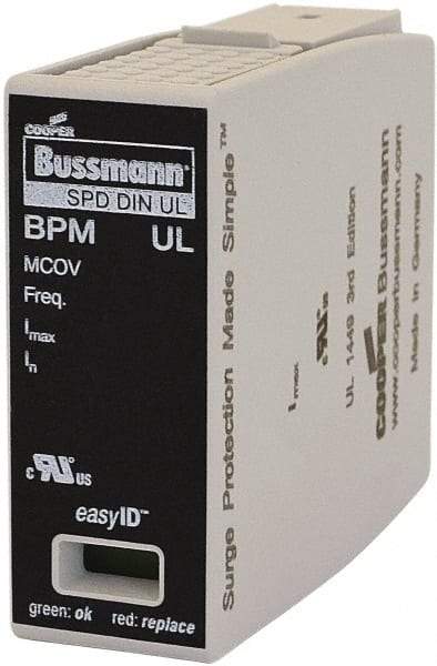 Cooper Bussmann - 1 Pole, 1 Phase, 20 kA Nominal Current, 90mm Long x 18mm Wide x 65mm Deep, Thermoplastic Hardwired Surge Protector - DIN Rail Mount, 125 kA Short Circuit Current, 347 VAC, 600 VAC Operating Voltage, 40 kA Surge Protection - Makers Industrial Supply