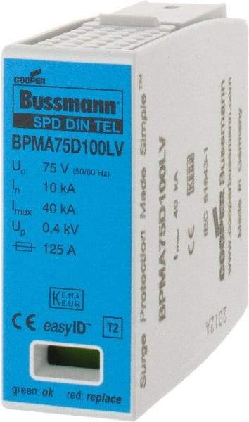 Cooper Bussmann - 1 Pole, 1 Phase, 10 kA Nominal Current, 90mm Long x 18mm Wide x 65mm Deep, Thermoplastic Hardwired Surge Protector - DIN Rail Mount, 100 VDC, 75 VAC, 100 VDC, 75 VAC Operating Voltage, 40 kA Surge Protection - Makers Industrial Supply