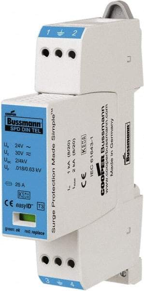 Cooper Bussmann - 2 Pole, 1 Phase, 1 kA Nominal Current, 90mm Long x 18mm Wide x 66mm Deep, Thermoplastic Hardwired Surge Protector - DIN Rail Mount, 48 VAC/VDC, 60 VAC/VDC Operating Voltage, 2 kA Surge Protection - Makers Industrial Supply