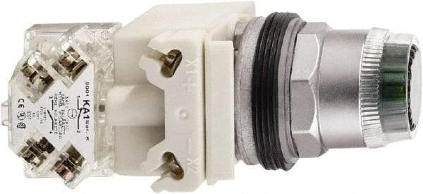 Schneider Electric - 1.22 Inch Mount Hole, Flush, Pushbutton Switch with Contact Block - Round, White Pushbutton, Illuminated, Momentary (MO), Dusttight, Oiltight, Watertight and Shock and Vibration Resistant - Makers Industrial Supply