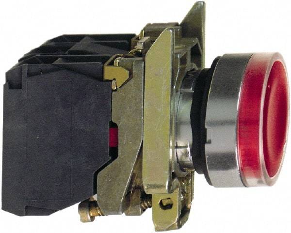 Schneider Electric - 22mm Mount Hole, Flush, Pushbutton Switch with Contact Block - Round, Red Pushbutton, Illuminated, Momentary (MO) - Makers Industrial Supply