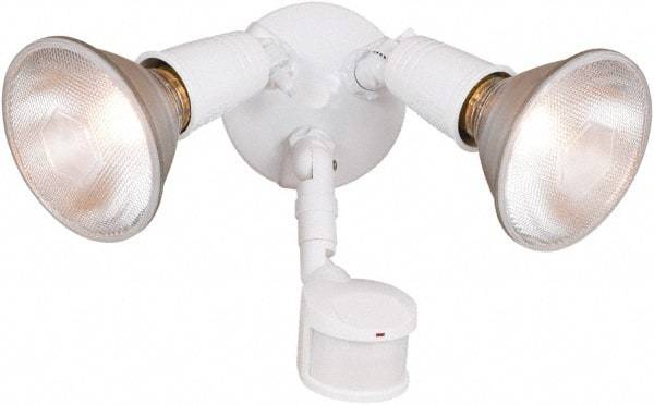 Cooper Lighting - 2 Head, 70 Ft. Detection, 180° Angle, PAR Lamp Motion Sensing Light Fixture - 120 Volt, 300 Watt, Metal White Housing, Wall, Eave Mounted - Makers Industrial Supply