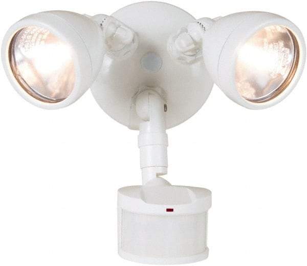 Cooper Lighting - 2 Head, 70 Ft. Detection, 270° Angle, Halogen Lamp Motion Sensing Light Fixture - 120 Volt, 200 Watt, Metal White Housing, Wall, Eave Mounted - Makers Industrial Supply