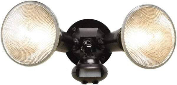 Cooper Lighting - 2 Head, 60 Ft. Detection, 110° Angle, PAR38 Lamp Motion Sensing Light Fixture - 120 Volt, 300 Watt, Plastic Black Housing, Wall, Eave Mounted - Makers Industrial Supply