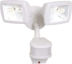 Cooper Lighting - 2 Head, 90 Ft. Detection, 270° Angle, Halogen Lamp Motion Sensing Light Fixture - 120 Volt, 200 Watt, Metal White Housing, Wall, Eave Mounted - Makers Industrial Supply