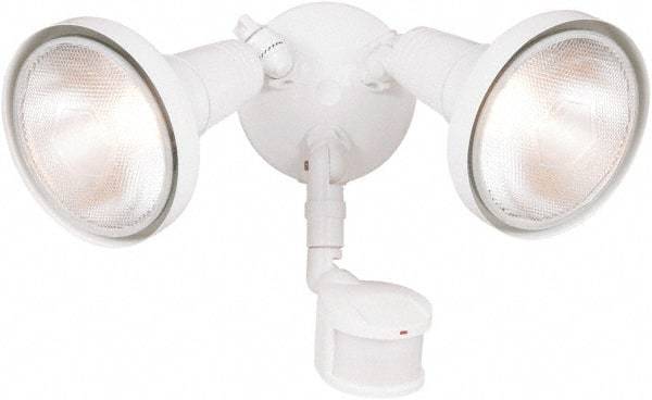 Cooper Lighting - 2 Head, 70 Ft. Detection, 180° Angle, PAR Lamp Motion Sensing Light Fixture - 120 Volt, 300 Watt, Metal White Housing, Wall, Eave Mounted - Makers Industrial Supply