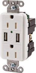 Hubbell Wiring Device-Kellems - 2 USB Port, 2 Receptacle, 125 VAC, 5 VDC USB Receptacle - 5-15R NEMA Configuration, 15 Amp, White, 3.8 Amp Charging Power, Screw Mount - Makers Industrial Supply