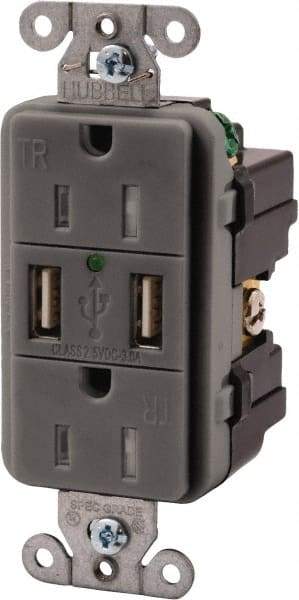 Hubbell Wiring Device-Kellems - 2 USB Port, 2 Receptacle, 125 VAC, 5 VDC USB Receptacle - 5-15R NEMA Configuration, 15 Amp, Gray, 3.8 Amp Charging Power, LED Indicator Light - Makers Industrial Supply