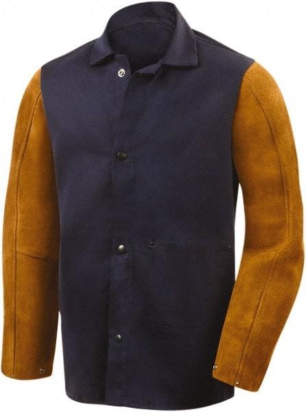 Steiner - Size 4XL Flame Resistant/Retardant Jacket - Navy, Gold, Cotton & Leather, Snaps Closure - Makers Industrial Supply