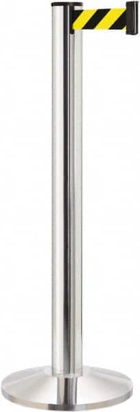 Lavi Industries - 40" High, 2-3/4" Pole Diam, Stanchion - 14" Base Diam, Dome Cast Iron Base, Polished Chrome (Color) Aluminum Post, 13' x 2" Tape, Single Line Tape - Makers Industrial Supply