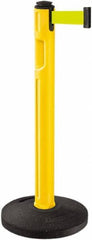 Lavi Industries - 38-1/4" High, 3-1/4" Pole Diam, Stanchion - 16" Base Diam, Dome Recycled Rubber Base, Yellow Plastic Post, 12' x 2" Tape, Single Line Tape, For Outdoor Use - Makers Industrial Supply