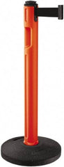 Lavi Industries - 38-1/4" High, 3-1/4" Pole Diam, Stanchion - 16" Base Diam, Dome Recycled Rubber Base, Orange Plastic Post, 12' x 2" Tape, Single Line Tape, For Outdoor Use - Makers Industrial Supply