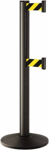 Lavi Industries - 40" High, 2-3/4" Pole Diam, Stanchion - 14" Base Diam, Dome Cast Iron Base, Black Aluminum Post, 7' x 2" Tape, Single Line Tape - Makers Industrial Supply