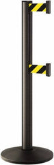 Lavi Industries - 40" High, 2-3/4" Pole Diam, Stanchion - 14" Base Diam, Dome Cast Iron Base, Black Aluminum Post, 7' x 2" Tape, Single Line Tape - Makers Industrial Supply