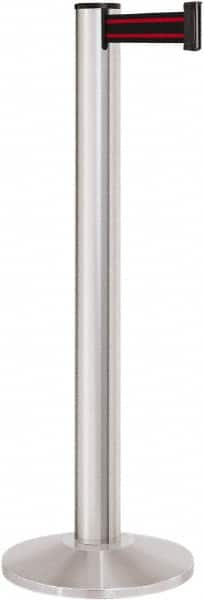 Lavi Industries - 40" High, 2-3/4" Pole Diam, Stanchion - 14" Base Diam, Dome Cast Iron Base, Satin Chrome (Color) Aluminum Post, 13' x 2" Tape, Single Line Tape - Makers Industrial Supply