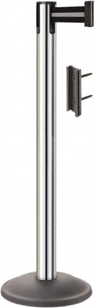 Lavi Industries - 38-1/2" High, 2-3/4" Pole Diam, Stanchion - 12-1/2" Base Diam, Round Steel Base, Polished Chrome (Color) Steel Post, 7' x 2" Tape, Single Line Tape - Makers Industrial Supply