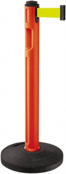 Lavi Industries - 38-1/4" High, 3-1/4" Pole Diam, Stanchion - 16" Base Diam, Dome Recycled Rubber Base, Orange Plastic Post, 12' x 2" Tape, Single Line Tape, For Outdoor Use - Makers Industrial Supply