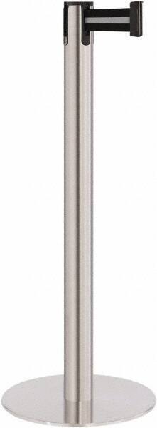 Lavi Industries - 40" High, 2-3/4" Pole Diam, Stanchion - 14-1/2" Base Diam, Flat Cast Iron Base, Satin Chrome (Color) Steel Post, 7' x 2" Tape, Single Line Tape - Makers Industrial Supply