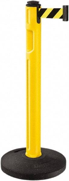 Lavi Industries - 38-1/4" High, 3-1/4" Pole Diam, Stanchion - 16" Base Diam, Dome Recycled Rubber Base, Yellow Plastic Post, 12' x 2" Tape, Single Line Tape, For Outdoor Use - Makers Industrial Supply