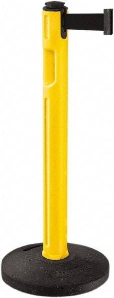 Lavi Industries - 38-1/4" High, 3-1/4" Pole Diam, Stanchion - 16" Base Diam, Dome Recycled Rubber Base, Yellow Plastic Post, 12' x 2" Tape, Single Line Tape, For Outdoor Use - Makers Industrial Supply