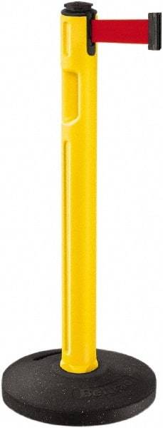 Lavi Industries - 38-1/4" High, 3-1/4" Pole Diam, Stanchion - 16" Base Diam, Dome Recycled Rubber Base, Yellow Plastic Post, 12' x 2" Tape, Single Line Tape, For Outdoor Use - Makers Industrial Supply