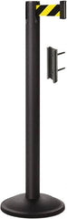 Lavi Industries - 38-1/2" High, 2-3/4" Pole Diam, Stanchion - 12-1/2" Base Diam, Round Steel Base, Black Steel Post, 7' x 2" Tape, Single Line Tape - Makers Industrial Supply