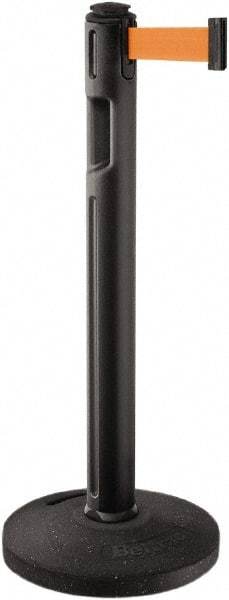 Lavi Industries - 38-1/4" High, 3-1/4" Pole Diam, Stanchion - 16" Base Diam, Dome Recycled Rubber Base, Black Plastic Post, 12' x 2" Tape, Single Line Tape, For Outdoor Use - Makers Industrial Supply