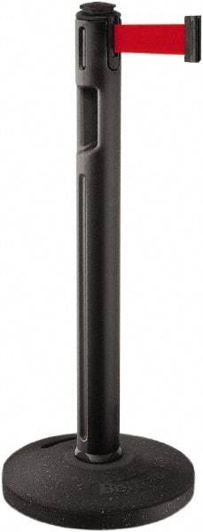 Lavi Industries - 38-1/4" High, 3-1/4" Pole Diam, Stanchion - 16" Base Diam, Dome Recycled Rubber Base, Black Plastic Post, 12' x 2" Tape, Single Line Tape, For Outdoor Use - Makers Industrial Supply