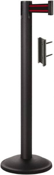 Lavi Industries - 38-1/2" High, 2-3/4" Pole Diam, Stanchion - 12-1/2" Base Diam, Round Steel Base, Black Steel Post, 7' x 2" Tape, Single Line Tape - Makers Industrial Supply