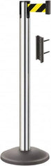 Lavi Industries - 38-1/2" High, 2-3/4" Pole Diam, Stanchion - 12-1/2" Base Diam, Round Steel Base, Polished Chrome (Color) Steel Post, 7' x 2" Tape, Single Line Tape - Makers Industrial Supply