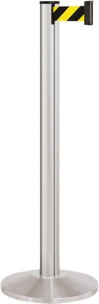 Lavi Industries - 40" High, 2-3/4" Pole Diam, Stanchion - 14" Base Diam, Dome Cast Iron Base, Satin Chrome (Color) Aluminum Post, 7' x 2" Tape, Single Line Tape - Makers Industrial Supply