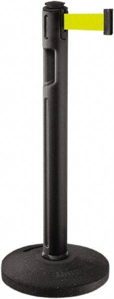 Lavi Industries - 38-1/4" High, 3-1/4" Pole Diam, Stanchion - 16" Base Diam, Dome Recycled Rubber Base, Black Plastic Post, 12' x 2" Tape, Single Line Tape, For Outdoor Use - Makers Industrial Supply