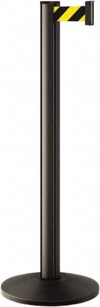 Lavi Industries - 40" High, 2-3/4" Pole Diam, Stanchion - 14" Base Diam, Dome Cast Iron Base, Black Aluminum Post, 7' x 2" Tape, Single Line Tape - Makers Industrial Supply