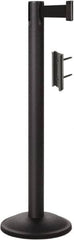 Lavi Industries - 38-1/2" High, 2-3/4" Pole Diam, Stanchion - 12-1/2" Base Diam, Round Steel Base, Black Steel Post, 7' x 2" Tape, Single Line Tape - Makers Industrial Supply