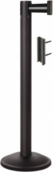 Lavi Industries - 38-1/2" High, 2-3/4" Pole Diam, Stanchion - 12-1/2" Base Diam, Round Steel Base, Black Steel Post, 7' x 2" Tape, Single Line Tape - Makers Industrial Supply