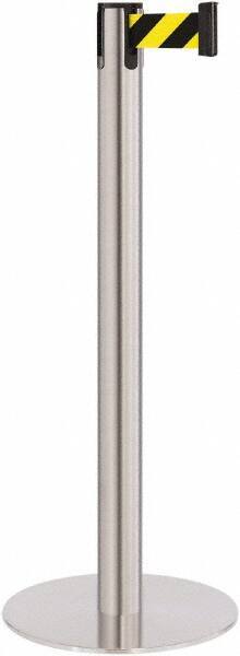 Lavi Industries - 40" High, 2-3/4" Pole Diam, Stanchion - 14-1/2" Base Diam, Flat Cast Iron Base, Satin Chrome (Color) Steel Post, 7' x 2" Tape, Single Line Tape - Makers Industrial Supply