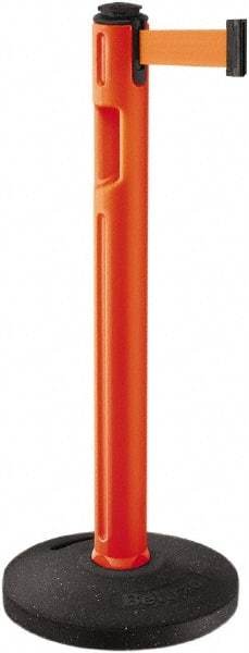 Lavi Industries - 38-1/4" High, 3-1/4" Pole Diam, Stanchion - 16" Base Diam, Dome Recycled Rubber Base, Orange Plastic Post, 12' x 2" Tape, Single Line Tape, For Outdoor Use - Makers Industrial Supply