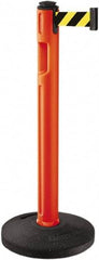 Lavi Industries - 38-1/4" High, 3-1/4" Pole Diam, Stanchion - 16" Base Diam, Dome Recycled Rubber Base, Orange Plastic Post, 12' x 2" Tape, Single Line Tape, For Outdoor Use - Makers Industrial Supply