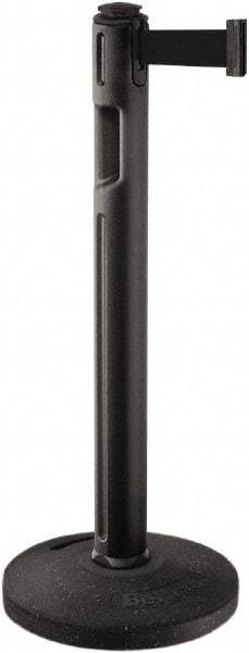 Lavi Industries - 38-1/4" High, 3-1/4" Pole Diam, Stanchion - 16" Base Diam, Dome Recycled Rubber Base, Black Plastic Post, 12' x 2" Tape, Single Line Tape, For Outdoor Use - Makers Industrial Supply