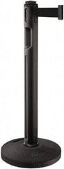 Lavi Industries - 38-1/4" High, 3-1/4" Pole Diam, Stanchion - 16" Base Diam, Dome Recycled Rubber Base, Black Plastic Post, 12' x 2" Tape, Single Line Tape, For Outdoor Use - Makers Industrial Supply