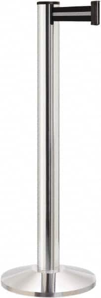 Lavi Industries - 40" High, 2-3/4" Pole Diam, Stanchion - 14" Base Diam, Dome Cast Iron Base, Polished Chrome (Color) Aluminum Post, 13' x 2" Tape, Single Line Tape - Makers Industrial Supply