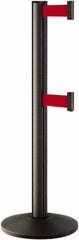 Lavi Industries - 40" High, 2-3/4" Pole Diam, Stanchion - 14" Base Diam, Dome Cast Iron Base, Black Aluminum Post, 7' x 2" Tape, Single Line Tape - Makers Industrial Supply