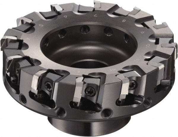 Sumitomo - 125mm Cut Diam, 15.9mm Arbor Hole, 63mm Max Depth of Cut, 90° Indexable Chamfer & Angle Face Mill - 15 Inserts, NF-LDEN Insert, Right Hand Cut, 15 Flutes, Through Coolant, Series HF - Makers Industrial Supply