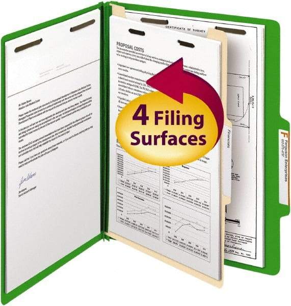 SMEAD - 8-1/2 x 11", Letter Size, Green, Classification Folders with Top Tab Fastener - 14 Point Stock, Right of Center Tab Cut Location - Makers Industrial Supply