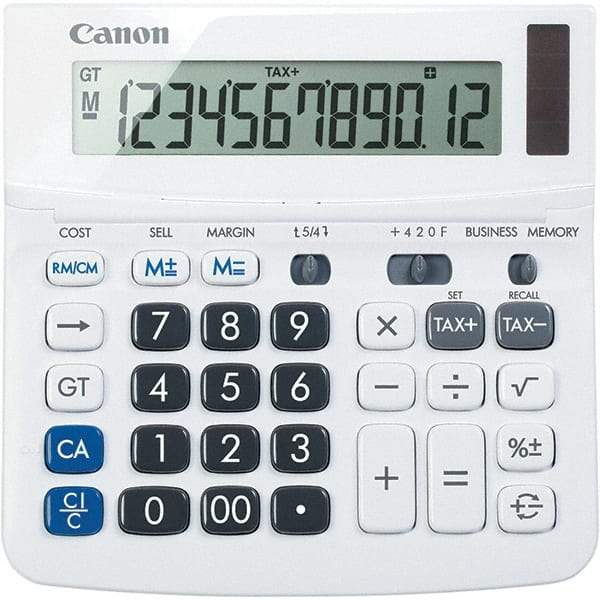 Canon - 12-Digit LCD 12 Function Portable Calculator - 6-1/2 x 6 x 1-1/4 Display Size, White, Solar & Battery Powered - Makers Industrial Supply