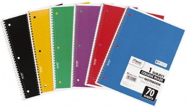 Mead - 70 Sheet, 8 x 10-1/2", College Ruled Spiral Bound Notebook - Assorted Colors - Makers Industrial Supply