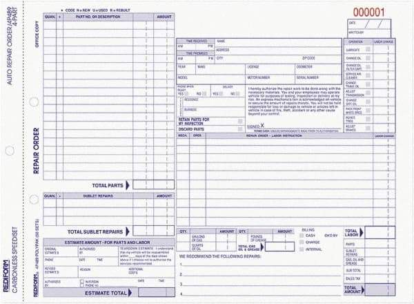 REDIFORM - 50 Sheet, 8-1/2 x 11", Auto Repair Form - White & Blue - Makers Industrial Supply