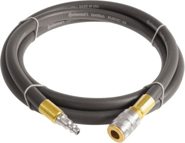 Continental ContiTech - 1/4" ID x 0.45" OD 3' Long Multipurpose Air Hose - Industrial Interchange Safety Coupler x Male Plug Ends, 300 Working psi, -10 to 158°F, 1/4" Fitting, Gray - Makers Industrial Supply