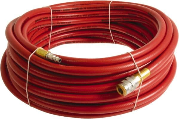 Continental ContiTech - 3/8" ID x 0.6" OD 50' Long Multipurpose Air Hose - Industrial Interchange Safety Coupler x Male Plug Ends, 300 Working psi, -10 to 158°F, 1/4" Fitting, Red - Makers Industrial Supply